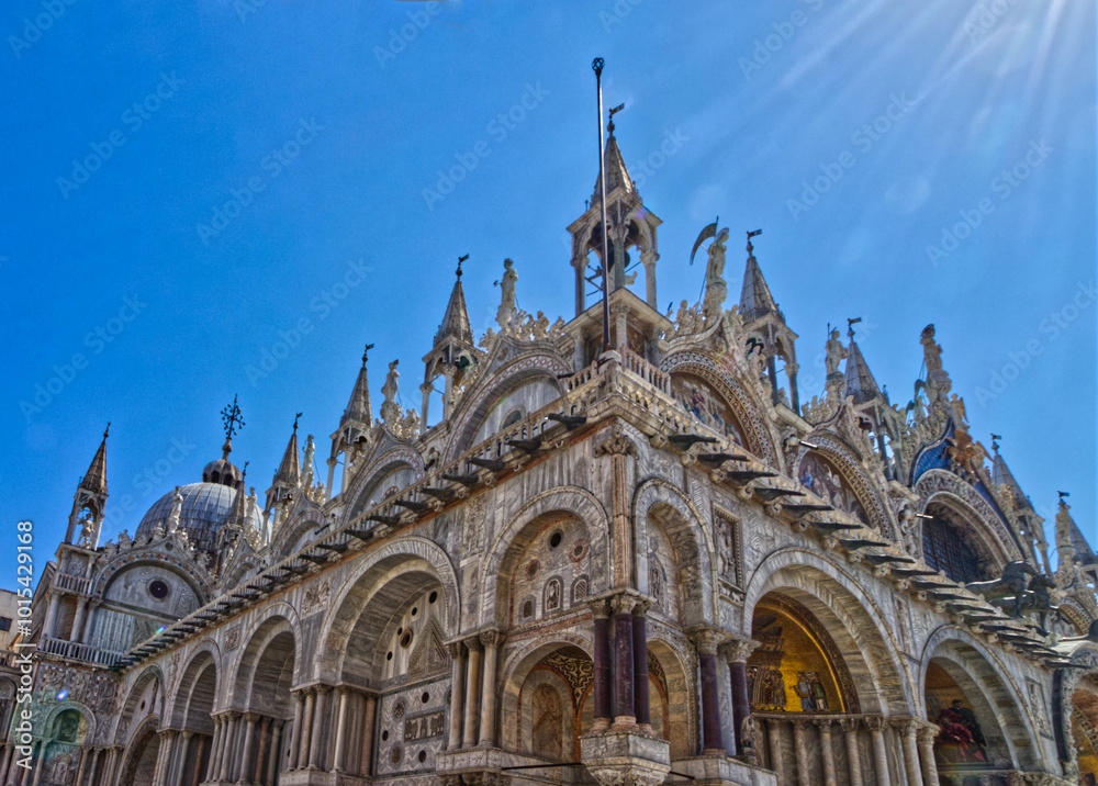 A corner of the giant church with its intricate stonework, Venice, Italy