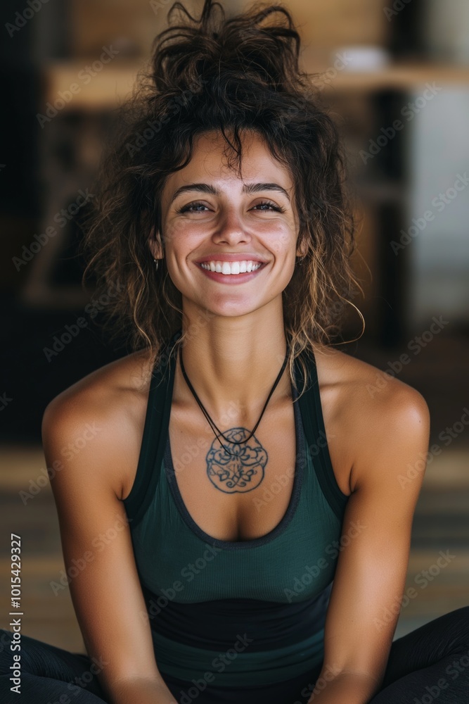 Fototapeta premium A woman with a tattoo on her chest and a necklace around her neck is smiling. She is wearing a green tank top and black pants