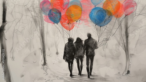 A serene charcoal sketch of three people walking through a forest, holding colorful balloons. The vibrant balloons create a striking contrast against the muted black and white forest scene.