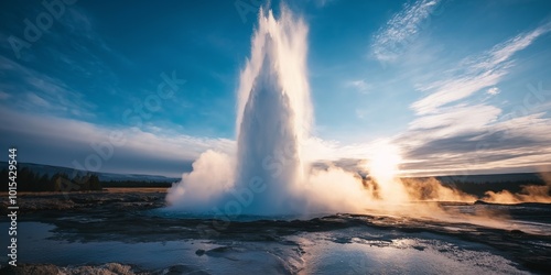 A large geyser is spewing water into the air. The sky is clear and blue, with a few clouds scattered throughout. The scene is peaceful and serene, with the geyser as the focal point