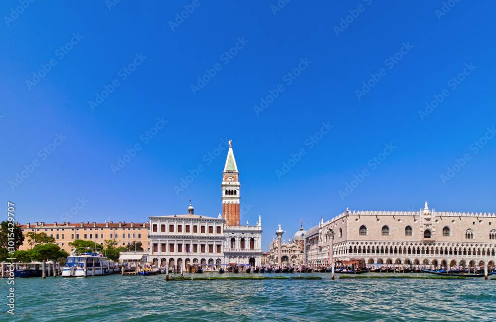 Saint Marks square seen from the waters showing several buildings, Venice, Italy