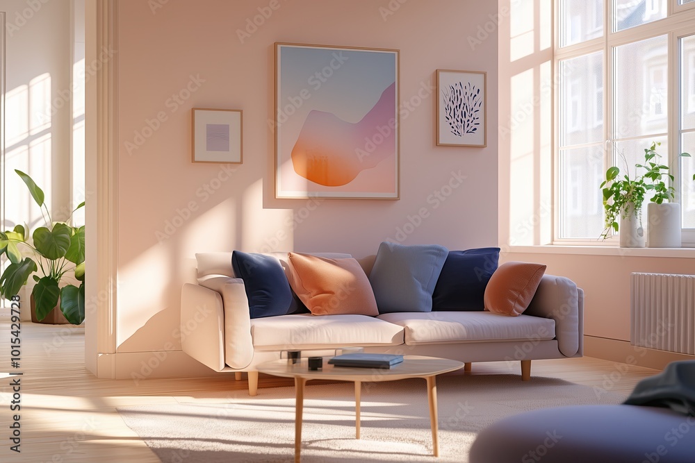 Bright and airy living room with modern decor, pastel colors, and natural light streaming in during the afternoon Bright and airy living room with modern decor, pastel colors, and natural light streaming in during the afternoon