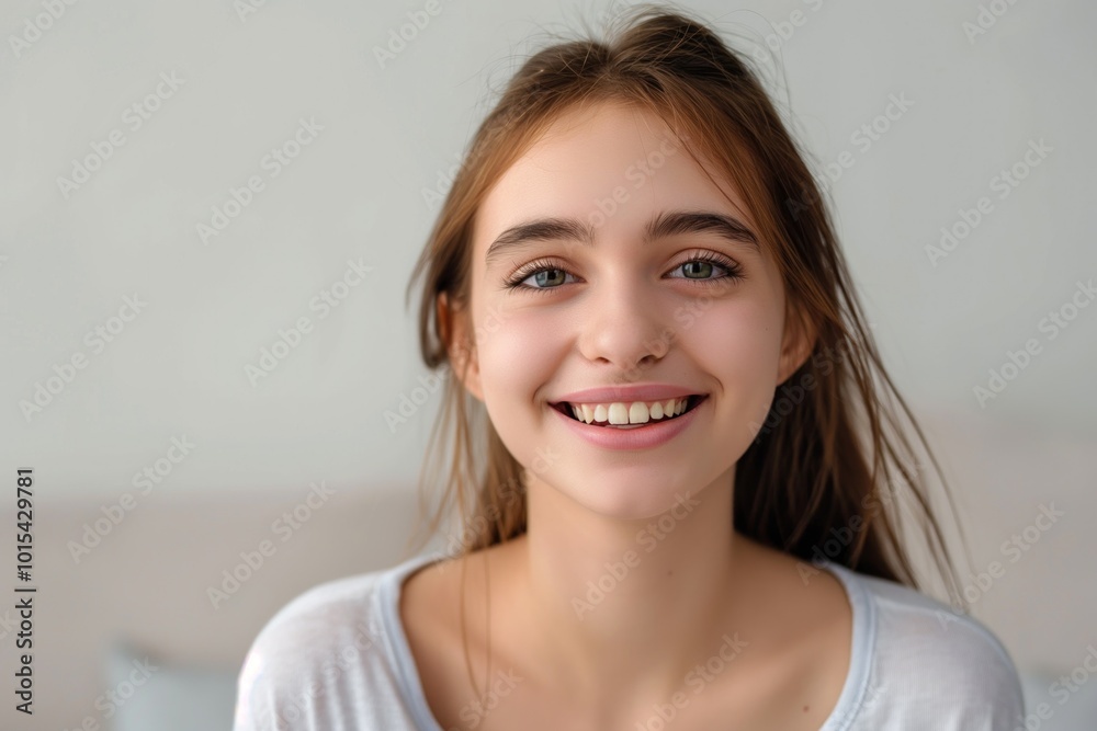 Young woman with long dark hair smiles warmly at camera. Wearing white shirt on background. Simple white wall creates contrast with dark hair, making focal point. Position, gaze create depth, Young woman with long dark hair smiles warmly at camera. Wearing white shirt on background. Simple white wall creates contrast with dark hair, making focal point. Position, gaze create depth,