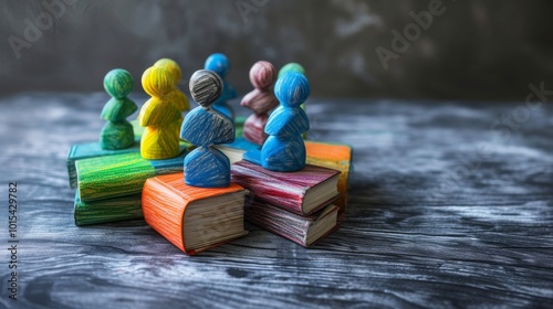 Brightly colored figurines stand on stacked books, symbolizing diversity, education, and group learning. The contrasting gray backdrop emphasizes the vibrant, symbolic nature of the figures and their