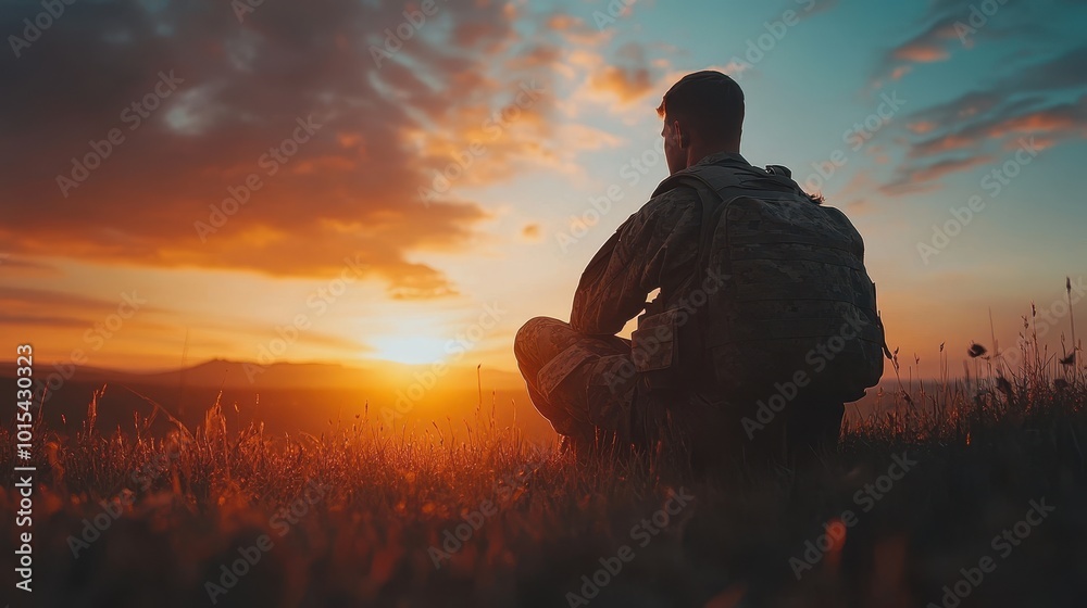 Silhouette of a soldier on the flag of the United States at sunset Silhouette of a soldier on the flag of the United States at sunset