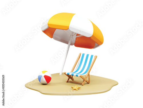 Beach area icon. 3d render beach with parasol, sand bucket, starfish and beach chair icon illustration