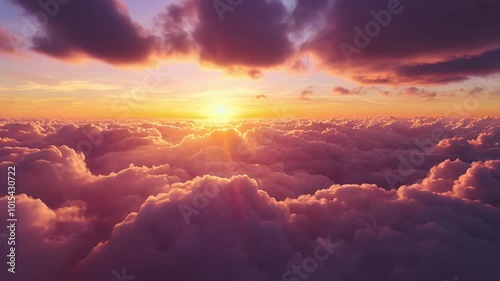 A beautiful sunset above the clouds with a bright sun.