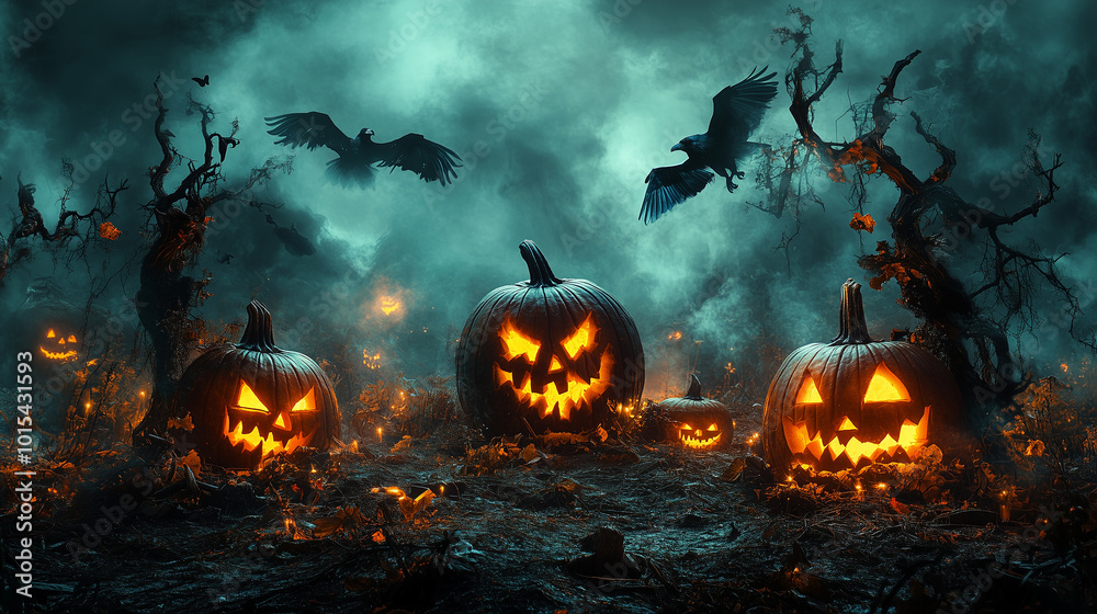 Halloween background with pumpkins, thick fog, pumpkin lanterns Halloween background with pumpkins, thick fog, pumpkin lanterns