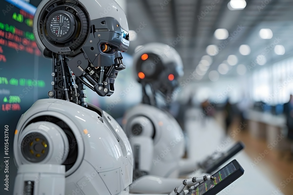 Fototapeta premium Close-up Of Two Humanoid Robots Analyzing Graph On Digital Tablet, advisor, ai, artificial, financial, intelligence, code, tablet, tech, machine, stock, technology, future, finance, 4, 0