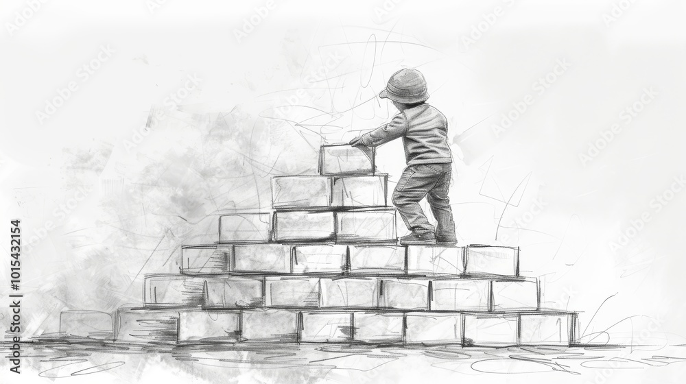 A sketch illustrating a child climbing a pyramid of bricks, representing progress and determination. The monochrome style emphasizes the simplicity of the scene, while the child's journey upward A sketch illustrating a child climbing a pyramid of bricks, representing progress and determination. The monochrome style emphasizes the simplicity of the scene, while the child's journey upward