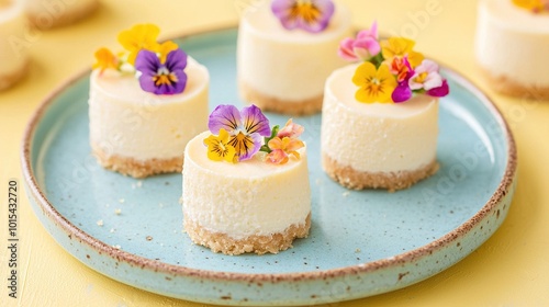  Blue plate with mini-cheesecakes and flower decorations on top