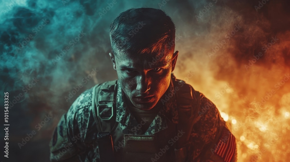 Military male soldier with the USA flag copy space background Memorial National Day, Veterans Day banner. Military male soldier with the USA flag copy space background Memorial National Day, Veterans Day banner.