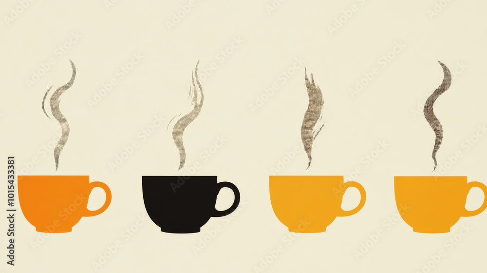 Obraz premium Four coffee cups with steaming hot beverage.