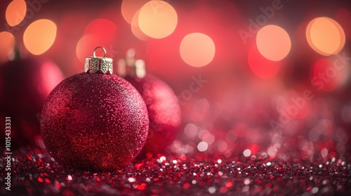 Sparkling red Christmas ornaments on glittering surface with bokeh lights in festive ambiance