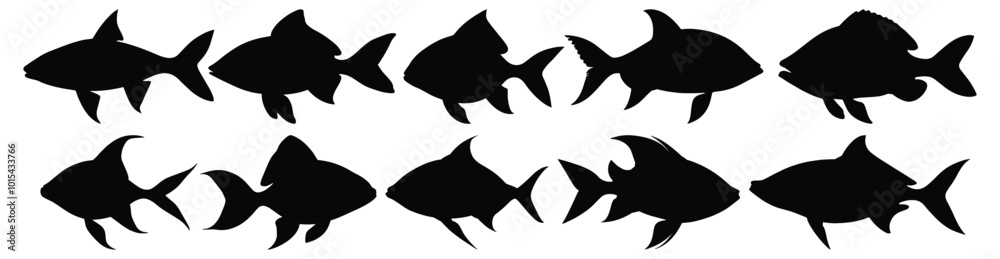 Fish silhouettes set, fishing pack of vector silhouette design, isolated background. Fish silhouettes set, fishing pack of vector silhouette design, isolated background.