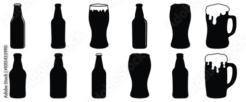 Beer silhouettes set, drink pack of vector silhouette design, isolated background.