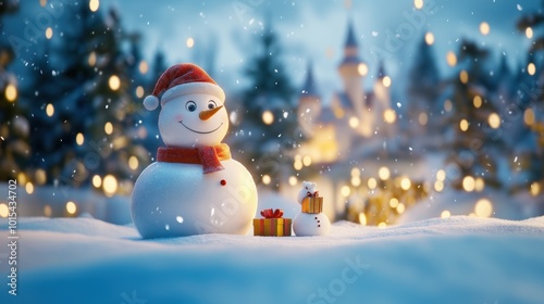 Cute snow man in snow field with cozy house. Winter holiday theme.