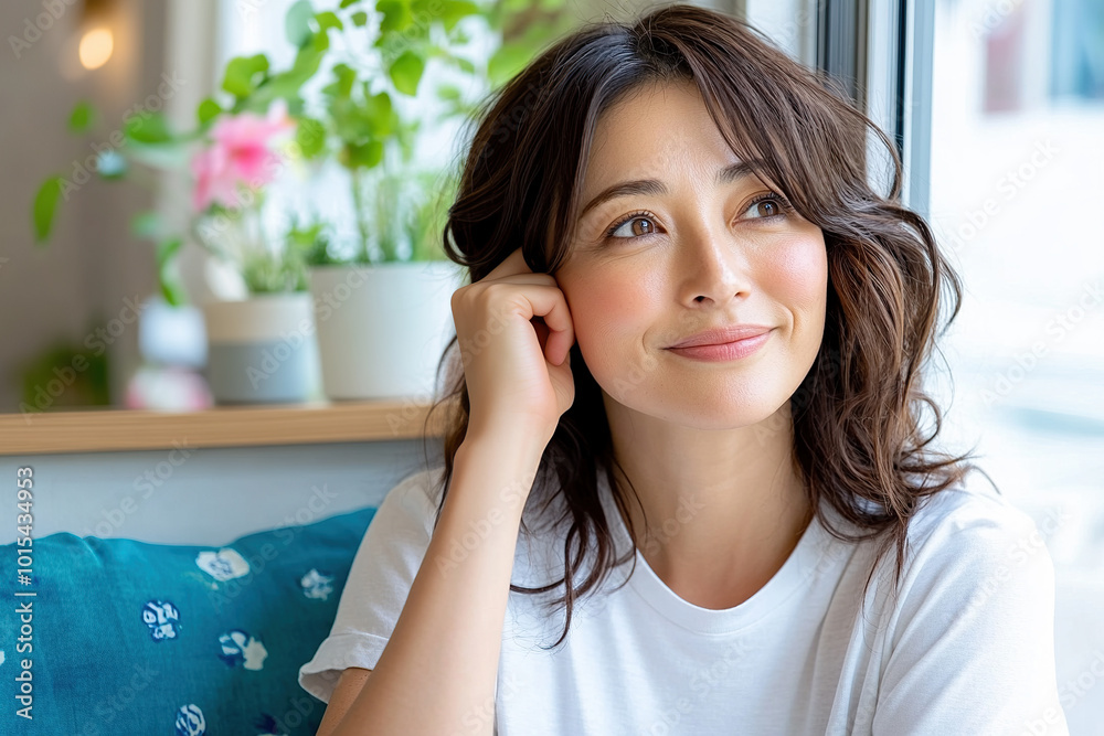 Japanese woman gazing thoughtfully by a sunny window Japanese woman gazing thoughtfully by a sunny window