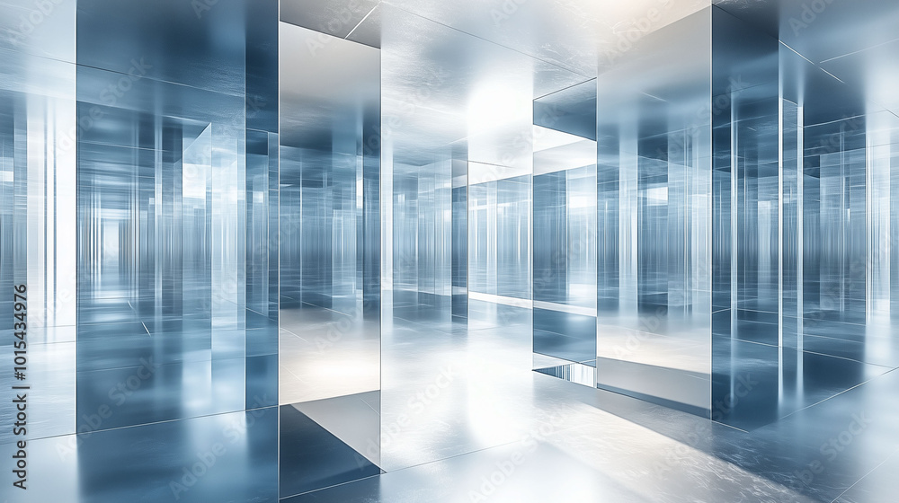 Fototapeta premium Abstract futuristic mirrored space with reflective glass walls and metallic surfaces