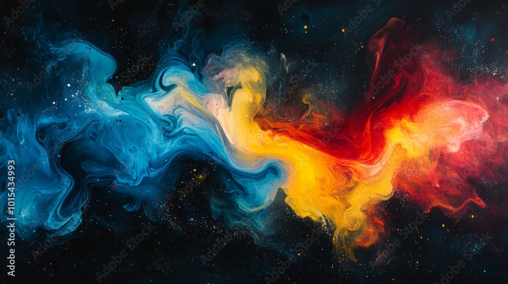 Vibrant ink explosion of red, blue, and yellow colors in dark space