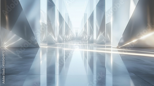 Futuristic corridor with reflective surfaces and geometric patterns