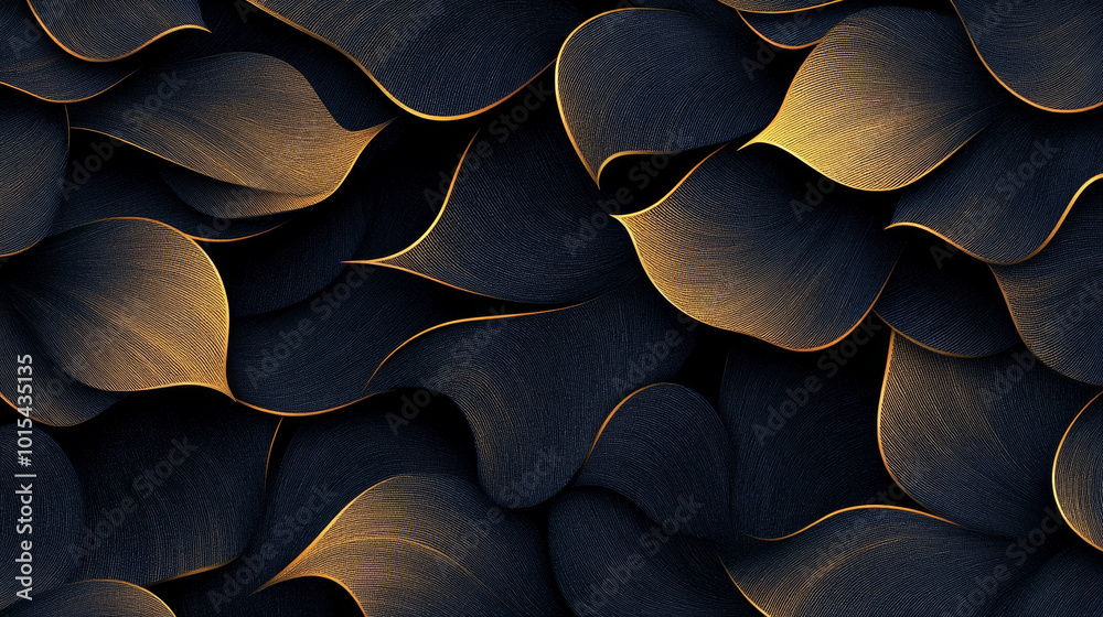 Abstract background with a pattern of overlapping black and gold leaves. Abstract background with a pattern of overlapping black and gold leaves.