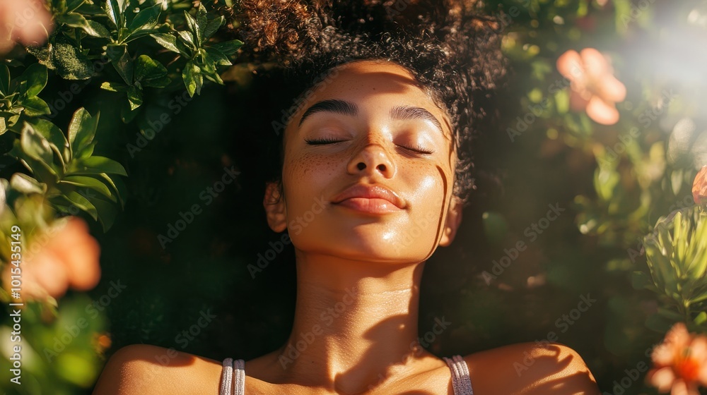 Young woman resting outdoors after workout, surrounded by greenery and flowers in bright sunlight Young woman resting outdoors after workout, surrounded by greenery and flowers in bright sunlight