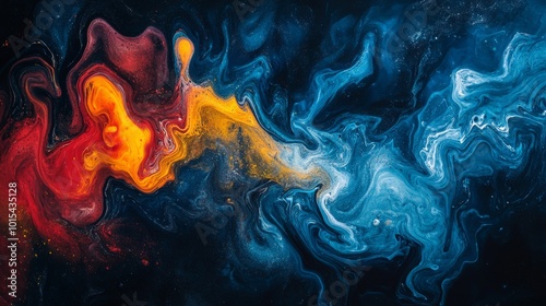 Vibrant ink explosion of red, blue, and yellow colors in dark space