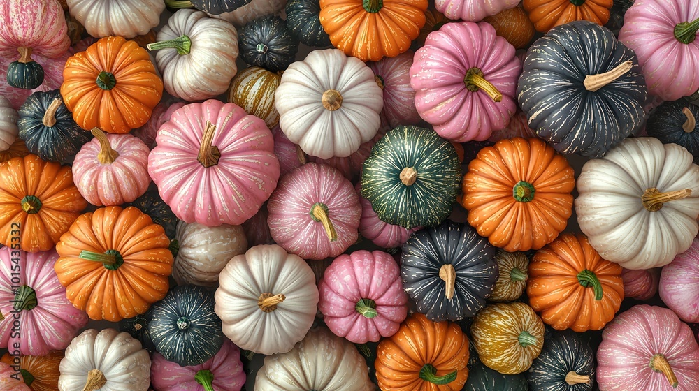 A stack of vibrant pumpkins atop another pile of multicolored pumpkins on top of one another A stack of vibrant pumpkins atop another pile of multicolored pumpkins on top of one another