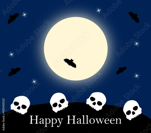 Halloween card with skulls against the background of the night sky with a full moon and bats