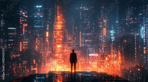 Silhouette of man standing before a futuristic glowing cityscape