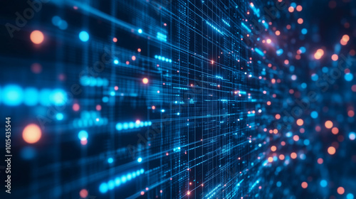 Abstract digital grid with glowing lights and data flow