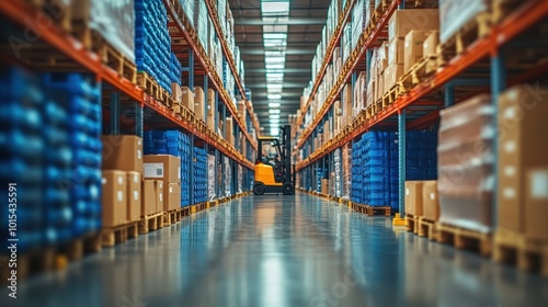 Retail warehouse full of shelves with goods in cartons, with pallets and forklifts. Logistics and transportation blurred background. Product distribution center.