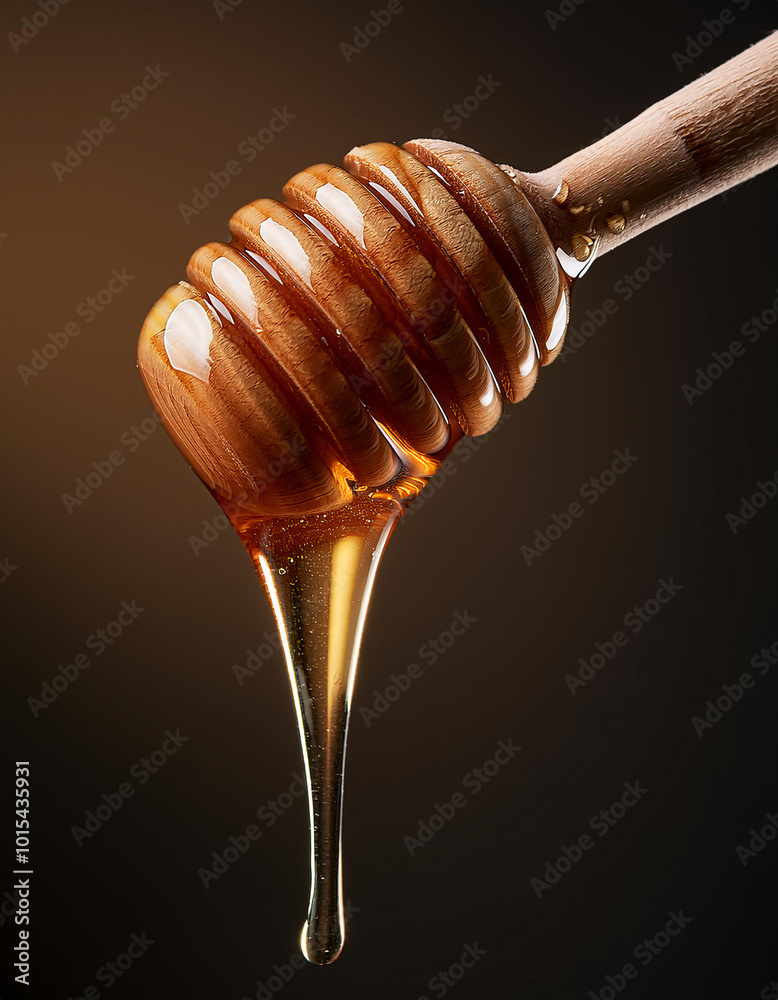 Golden honey drips from a wooden dipper against a warm backdrop. Generative AI Golden honey drips from a wooden dipper against a warm backdrop. Generative AI
