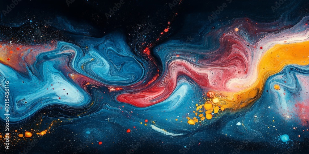 Vibrant ink explosion of red, blue, and yellow colors in dark space Vibrant ink explosion of red, blue, and yellow colors in dark space