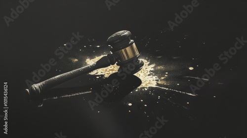 A close-up of a wooden gavel breaking apart, with fine dust particles scattering into the air. The image portrays the sudden breakdown of authority or justice, captured in a dramatic, high-energy