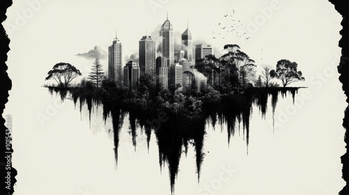 A city skyline disappearing into a black abyss, a haunting image of urban decay.