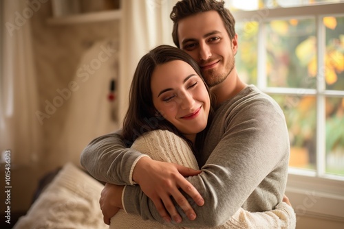 Couple hug in home on autumn day. Man, woman in love, embracing each other. Woman with closed eyes, smiling. Man in gray sweater, woman in white sweater. Autumn background, window with white curtain.