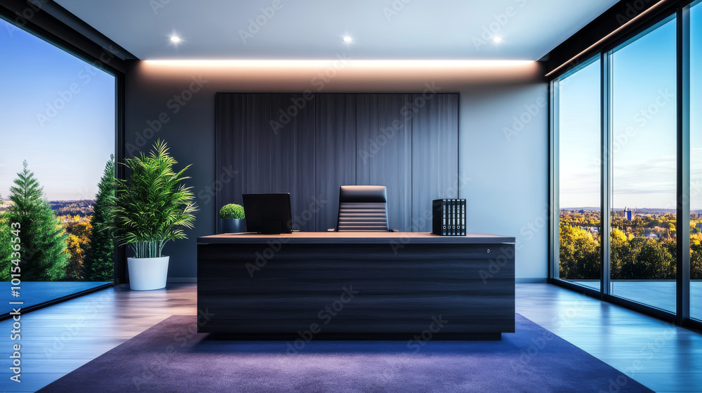 A modern office with a large desk and a view of the city. A modern office with a large desk and a view of the city.