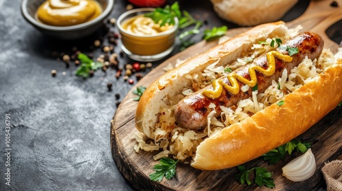 A German bratwurst sausage served with sauerkraut and mustard on a rustic wooden board. The dish is ready, but there are no people around