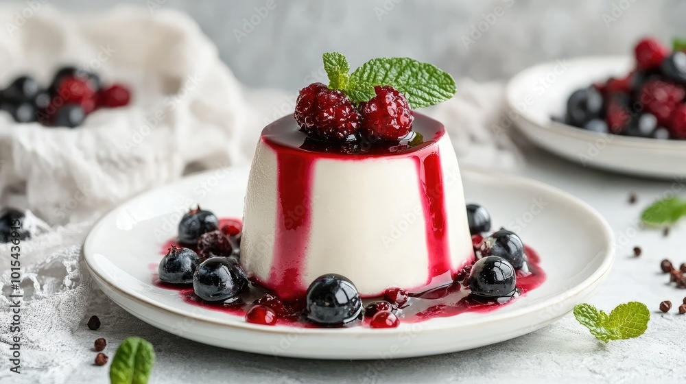 A gourmet European dessert of panna cotta with berries, served on a white plate in an elegant setting. The scene is quiet with no one around A gourmet European dessert of panna cotta with berries, served on a white plate in an elegant setting. The scene is quiet with no one around