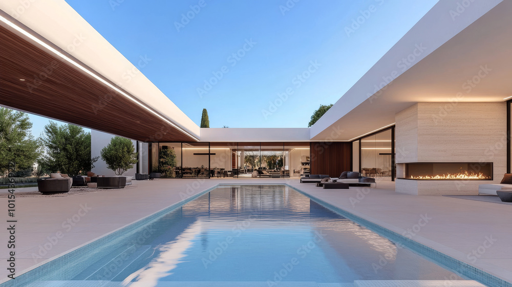 A modern house with a large swimming pool and a fireplace in the backyard. A modern house with a large swimming pool and a fireplace in the backyard.