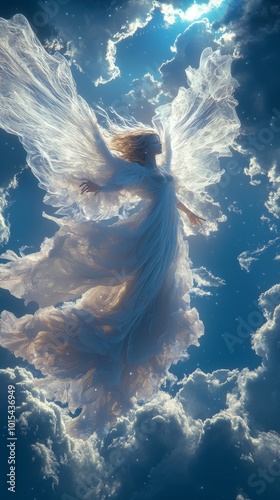 Angel soaring through sunset clouds, serene, wings outstretched in ethereal glow photo
