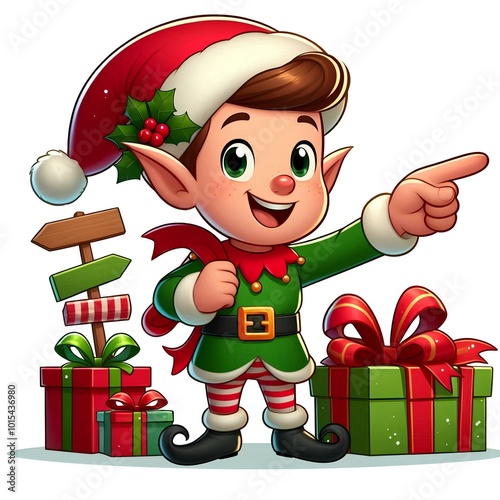 christmas elf with gifts pointing to the right