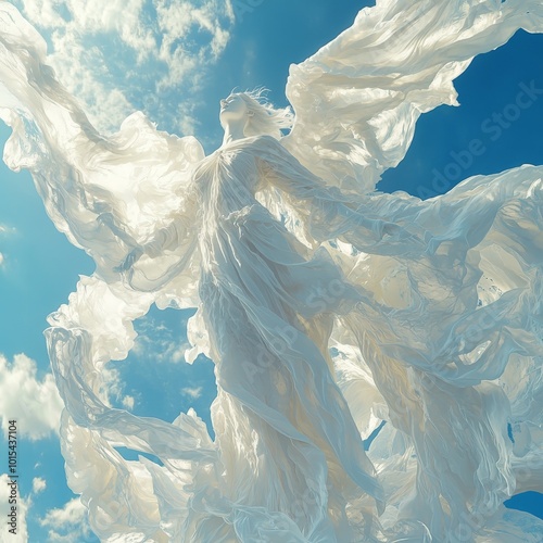 Angel soaring through sunset clouds, serene, wings outstretched in ethereal glow photo