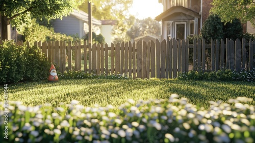 A peaceful front yard with a wooden fence, a garden gnome, and a trimmed lawn under the soft light of the afternoon sun. No one in sight