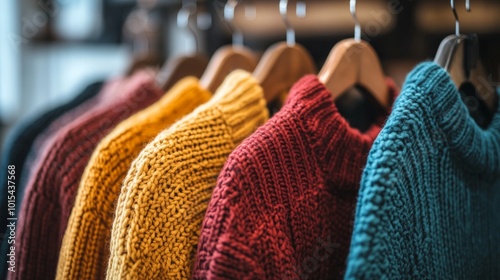 Autumn fashion wardrobe with cozy knit sweaters in various fall colors