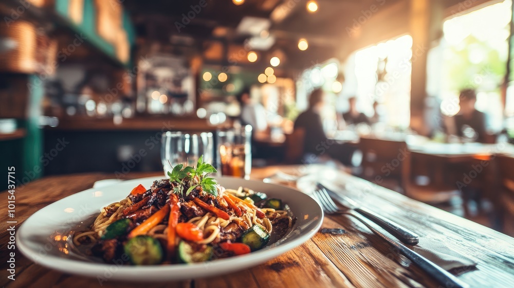 A quiet Western-style restaurant with a table set for dinner, featuring a gourmet plate of roasted vegetables and pasta. No one is seated A quiet Western-style restaurant with a table set for dinner, featuring a gourmet plate of roasted vegetables and pasta. No one is seated