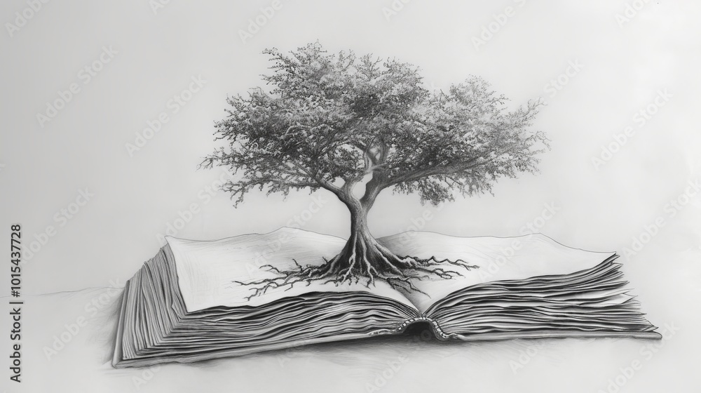 A grayscale drawing of a tree with roots spreading through the pages of an open book. The surreal illustration combines nature and knowledge, suggesting a deep connection between learning and growth.