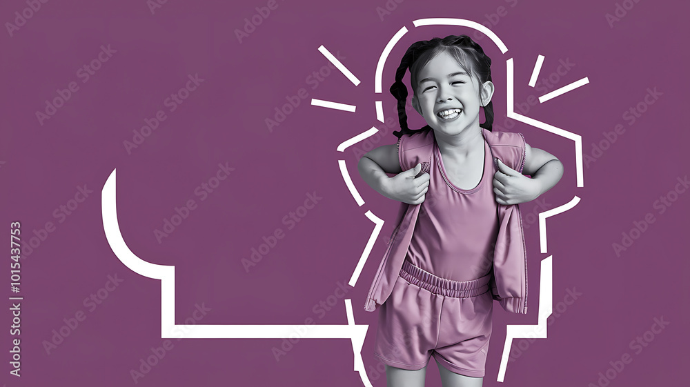 Smiling girl in pink, white outline, purple background, joyful child portrait, back to school concept.
Smiling girl in pink, white outline, purple background, joyful child portrait, back to school concept.